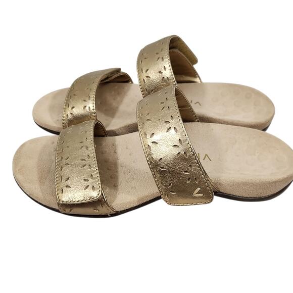 VIONIC WOMENS RANDI GOLD METALLIC LEATHER COMFORT SLIDE SANDALS ADJUSTABLE SZ 6 - Picture 5 of 8